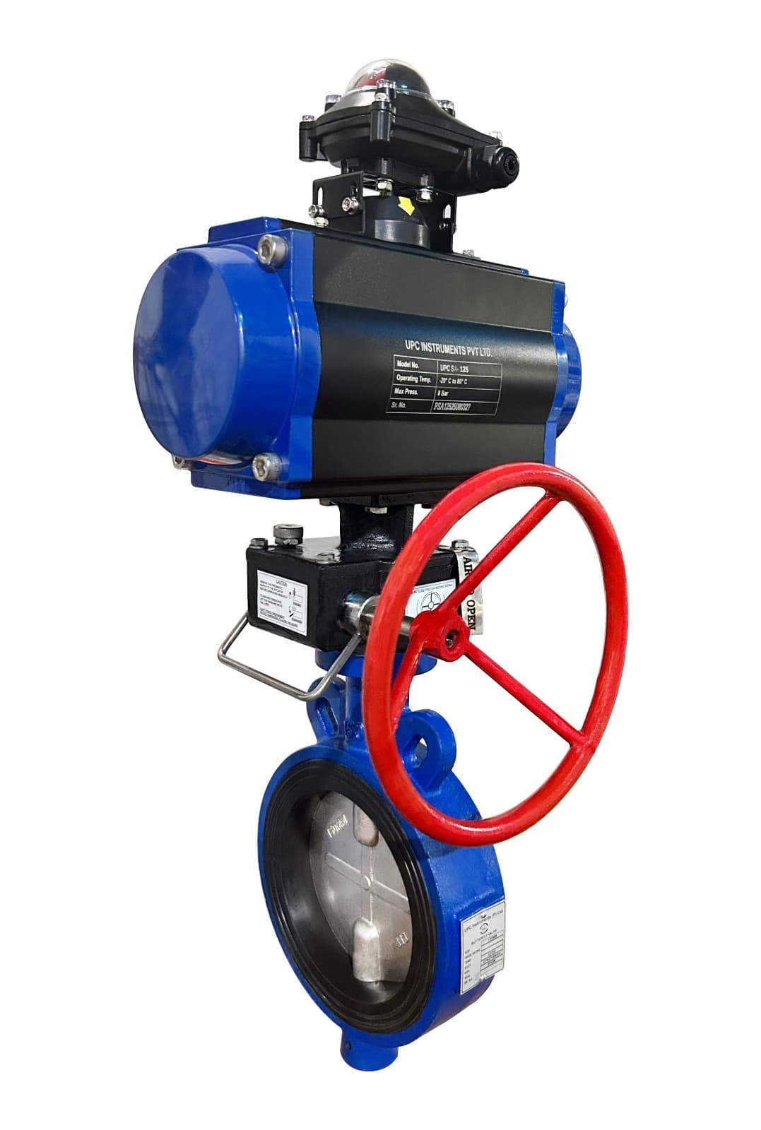 Pneumatic-actuated butterfly valve with limit switch and manual override