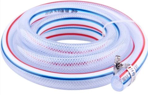 Coiled clear braided PVC hose with hose clamp