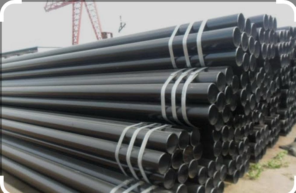 Stacked bundles of black carbon-steel pipe in a stockyard