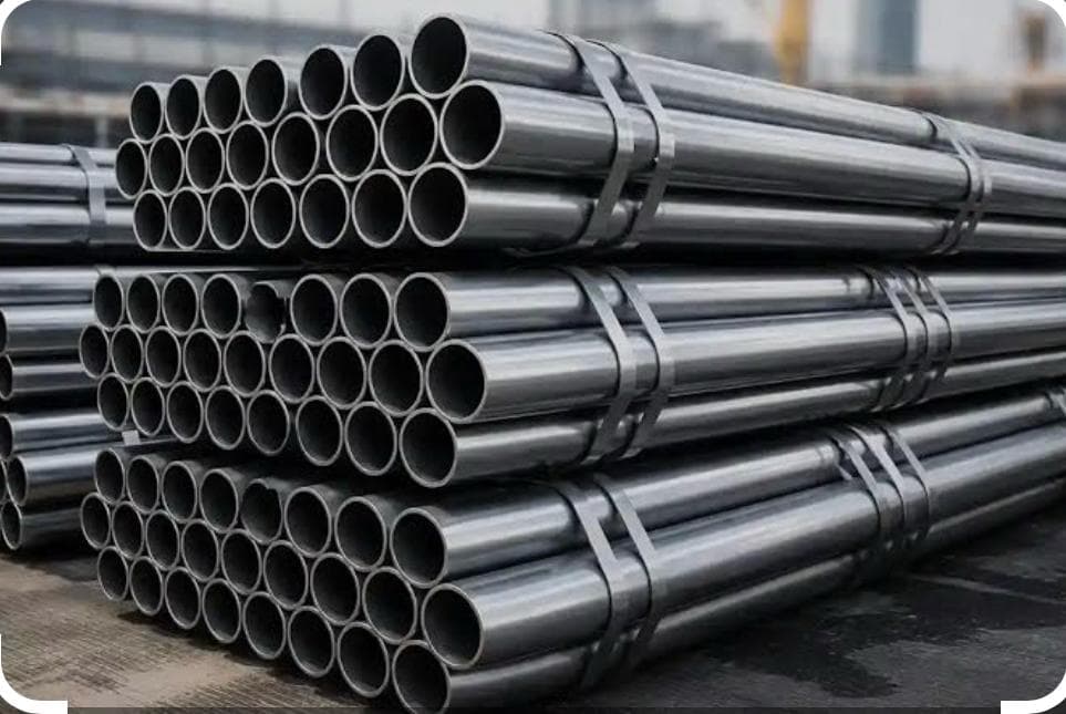 Strapped bundles of bright stainless steel pipe