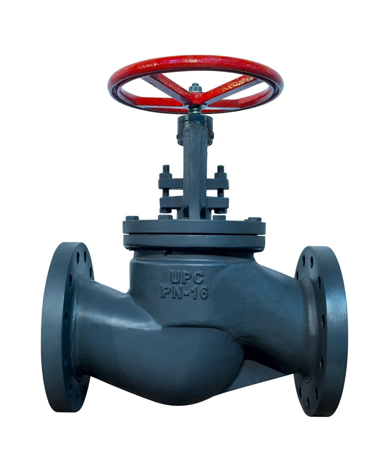 Flanged cast-iron globe valve with red handwheel
